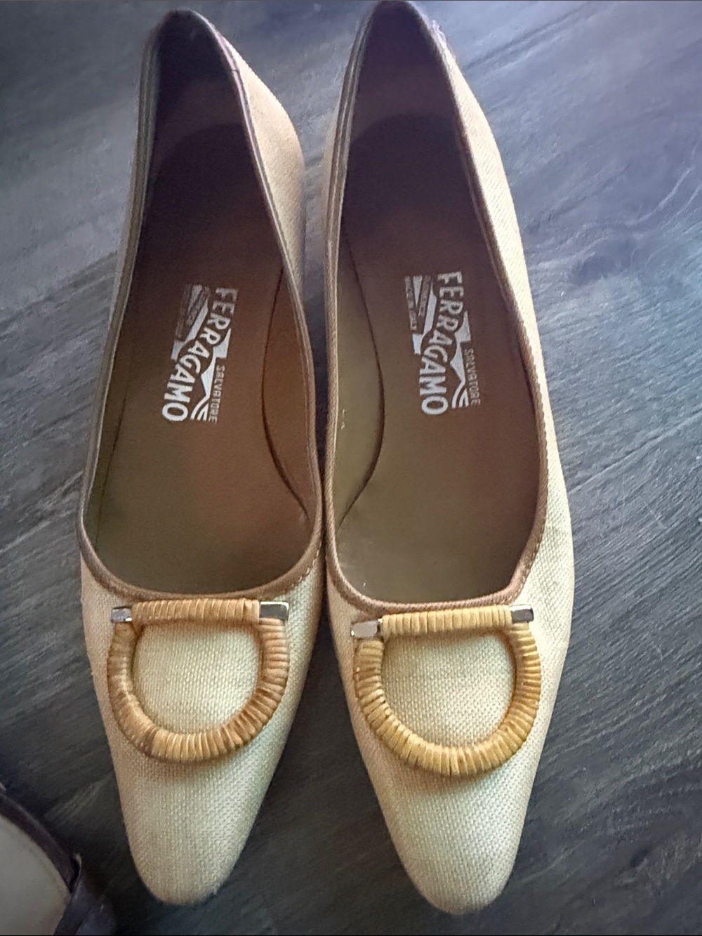 Salvatore Ferragamo Beige Raffia Pointed Toe Flats with Woven Buckle.